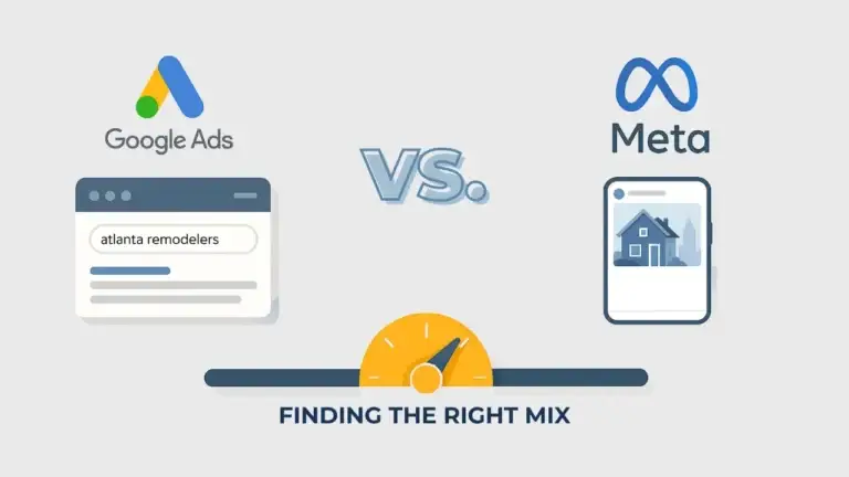 Google Ads and Meta logos with charts; "atlanta remodelers" in Google search. Gauge icon with "Finding the Right Mix" text below.